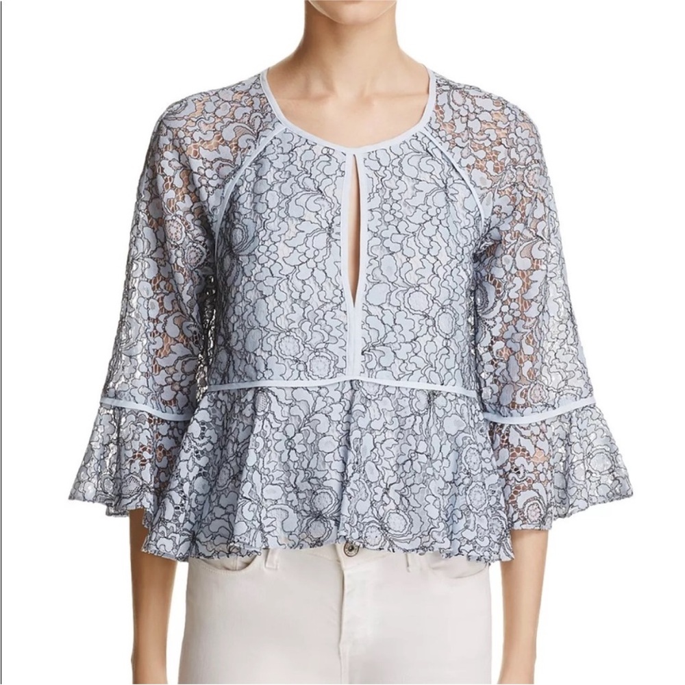 The Avery Light Blue Lace Peplum Blouse by Likely -Floral, Flirty, Fun